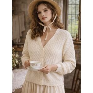 Vintage Liz Sport Cottagecore Knit Cardigan Small Cream Cozy Heritage Preppy